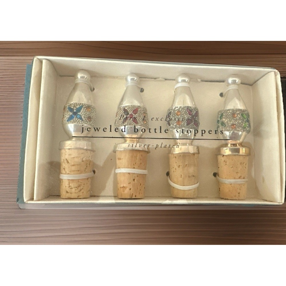 Pier 1 Exclusive Jeweled Bottle Stoppers Silver Plated Wine Beverage NEW‎